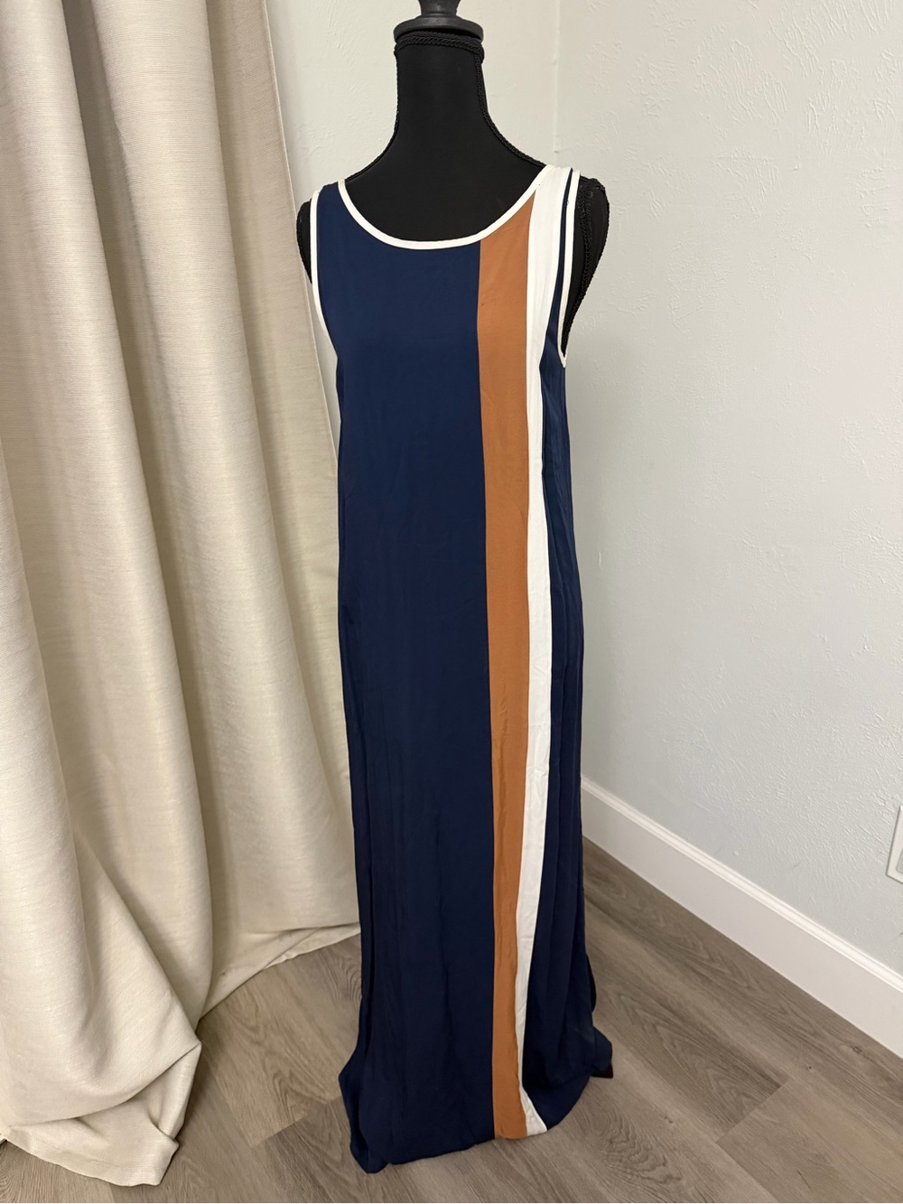 Navy Sleeveless Maxi Dress with Tan & White Vertical Stripe